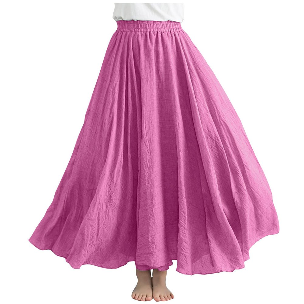 womens fashion Womens Summer Maxi Skirts Elastic High Waisted Pleated A-Line Dress Loose Solid Color Lined Casual Flowy Beach Sundress Hot Pink