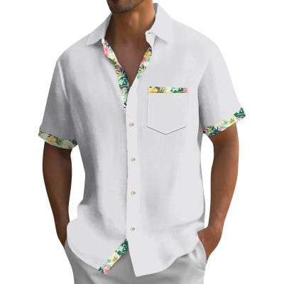 Hawaiian Shirt for Men Button Down Short Sleeve Blouse Stretch V Neck Blouses Summer Beach Aloha Shirts with Pocket