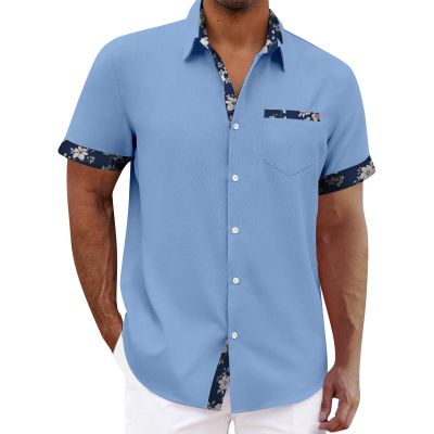 Hawaiian Shirt for Men Button Down Short Sleeve Blouse Stretch V Neck Blouses Summer Beach Aloha Shirts with Pocket