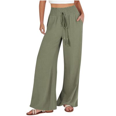 Akklian Women's Summer Cotton Linen Wide Leg Pants Drawstring High Waisted Palazzo Pants Flowy Beach Trousers with Pockets