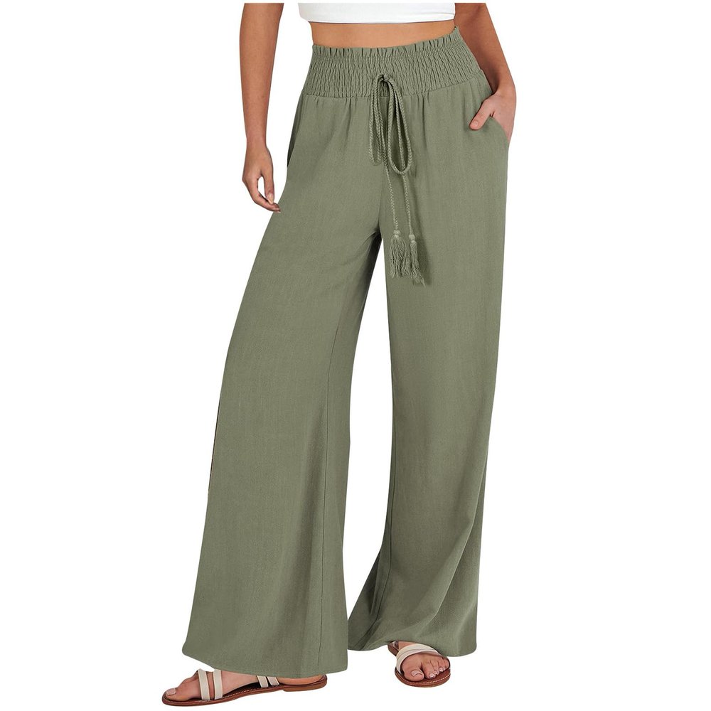 Akklian Women's Summer Cotton Linen Wide Leg Pants Drawstring High Waisted Palazzo Pants Flowy Beach Trousers with Pockets