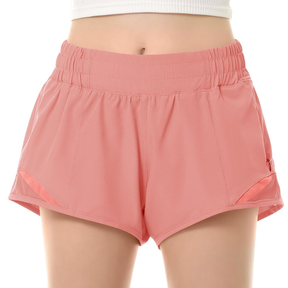 QooNoo Girls Athletic Shorts with Zipper Pocket Lightweight Elastic Waist Running Shorts for Teen Girls Kids Active Sports (Pink,Medium)