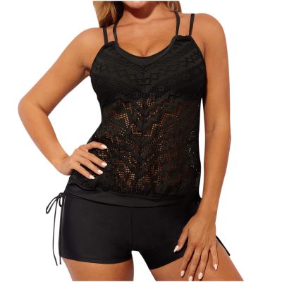 Women's Lace Blouson Tankini Swimsuits Vintage Two Piece Bathing Suits Sports Tankini Sets Athleitc Bikini Swimwear Black