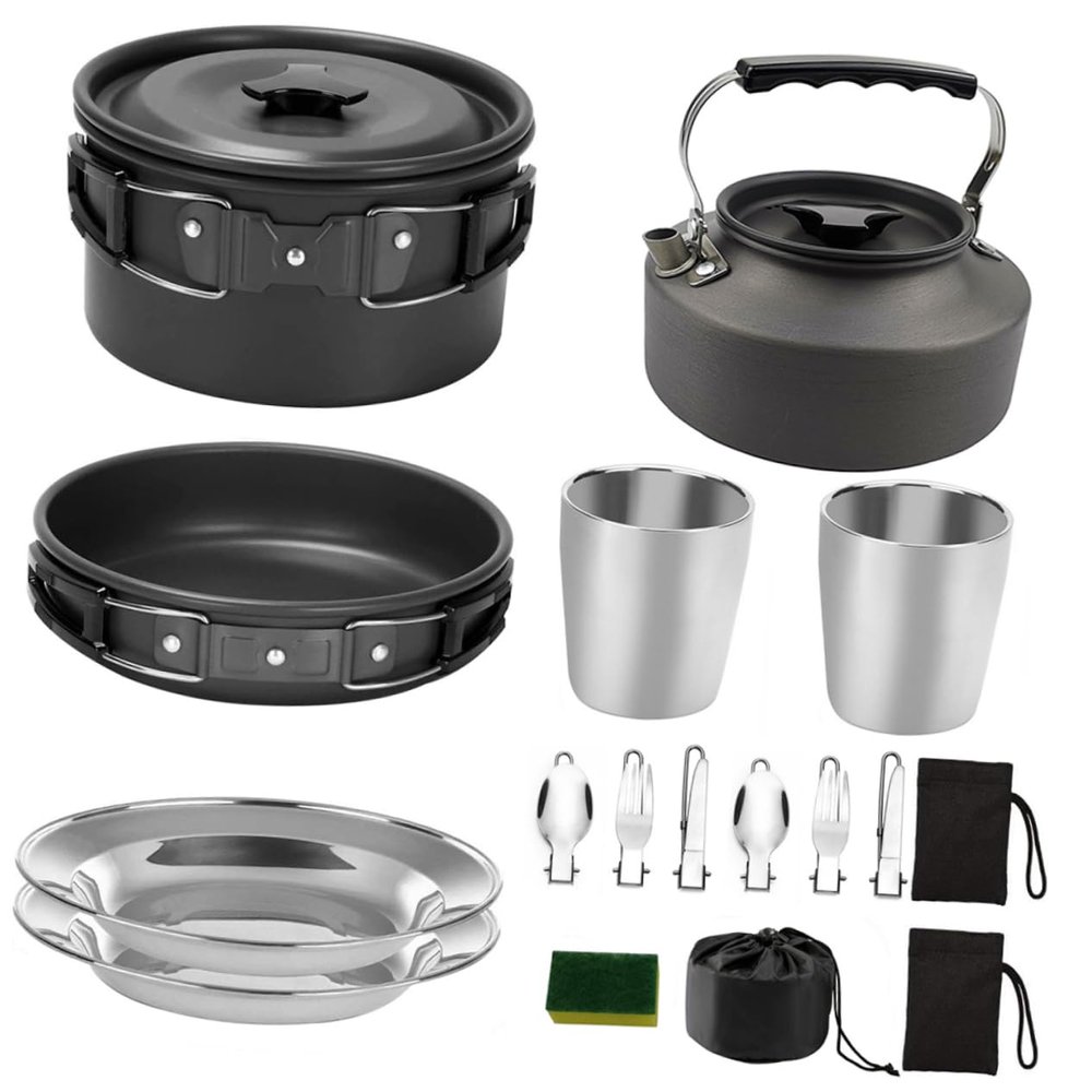 GANAZONO Camping Cooking Tools Aluminum Alloy Cookware Portable Pot Pan Full Camping Mess Kit Non-Stick Easy to Carry