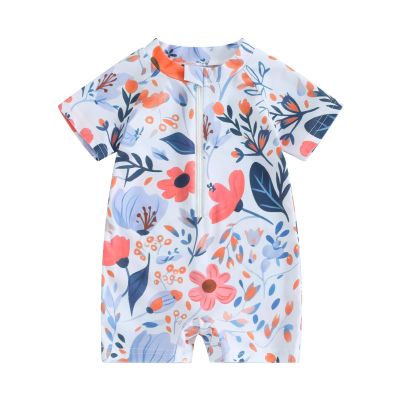Hnyenmcko Infant Baby Boy Girls Rash Guard Swimsuit Short Sleeve Zipper Bathing Suit Toddler One Piece Swimwear Sunsuit (Floral-White, 6-12 Months)