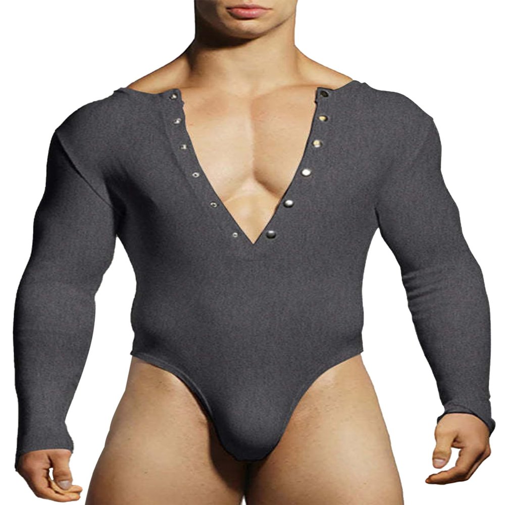 Manyakai Mens Deep V Neck Leotard Gym Sport Dance Romper Long Sleeve Slim Fit Undershirts Shapewear Grey XX-Large