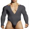 Manyakai Mens Deep V Neck Leotard Gym Sport Dance Romper Long Sleeve Slim Fit Undershirts Shapewear Grey XX-Large view 1