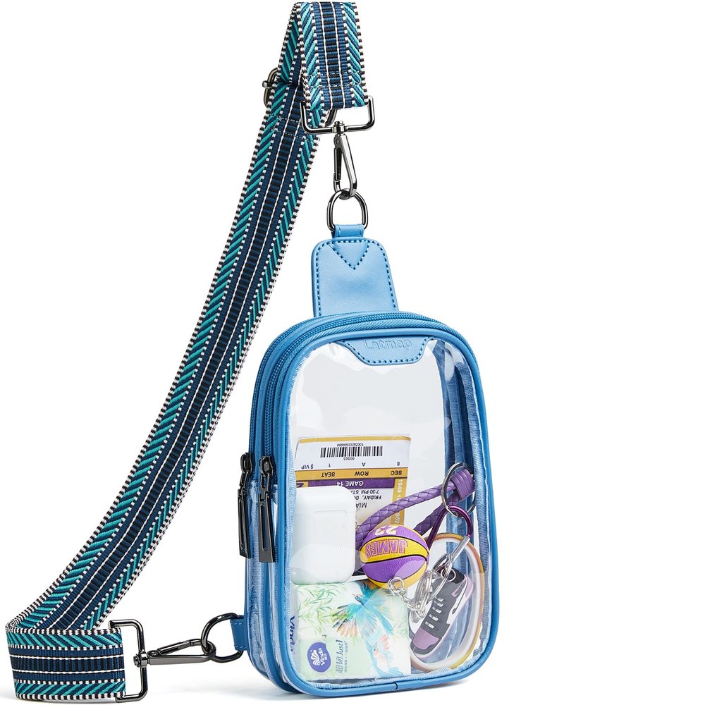 LATMAP DOUBLE ZIP Clear bags Stadium Approved Crossbody Sling Bag Fanny Pack Purses for Women Men Belt bag for Stadium Events Blue