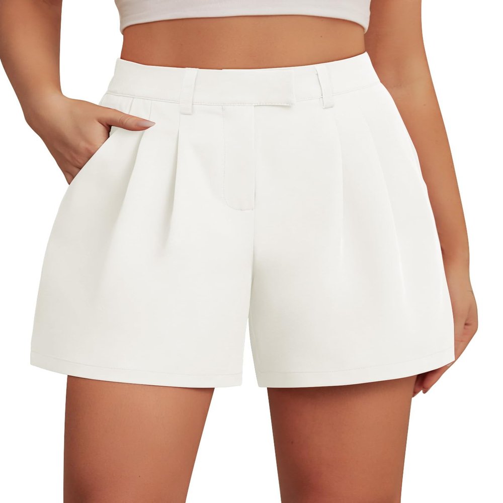 Feiersi Womens Casual Elastic Waist Wide Leg Suit Tailored Shorts Summer Dressy Work Shorts with Pockets(White,XX-Large)