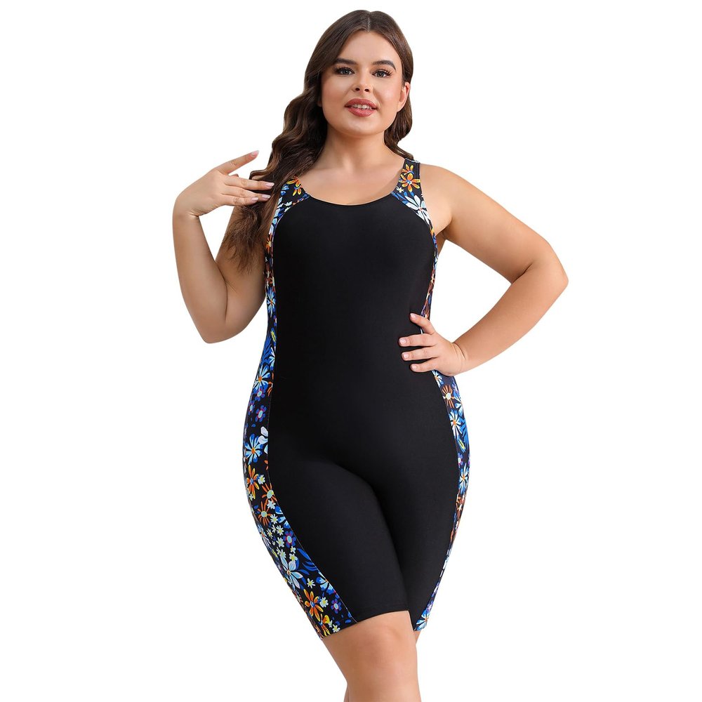 IDOPIP Plus Size One Piece Swimsuit for Women Tummy Control Bathing Suit Sleeveless Floral Print Rash Guard UPF 50+ Sun Protection Zipper Surfing Swimwear Athletic Beachwear Black - Sunflower XL