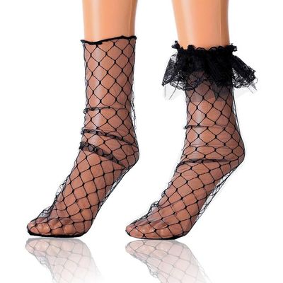 Miaband Mesh Lace Loose Socks Checkered See Through Socks Trim Ruffled Sheer Socks for Women and Girls 2 Pairs (Nylon, Black)