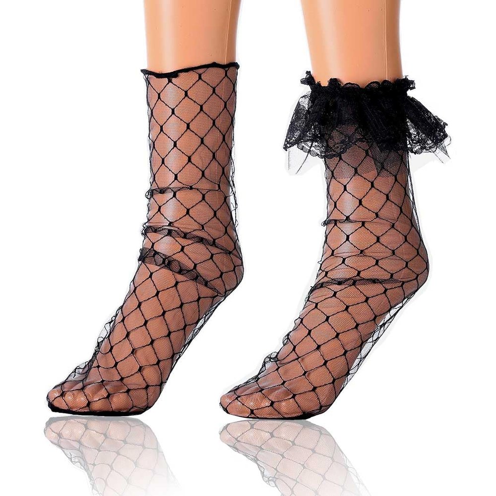 Miaband Mesh Lace Loose Socks Checkered See Through Socks Trim Ruffled Sheer Socks for Women and Girls 2 Pairs (Nylon, Black)