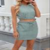 ebossy Women 2 Piece Textured Dress Outfits Crewneck Sleeveless Crop Top High Waist Drawstring Mini Skirt Set (M, Dark Green) view 3
