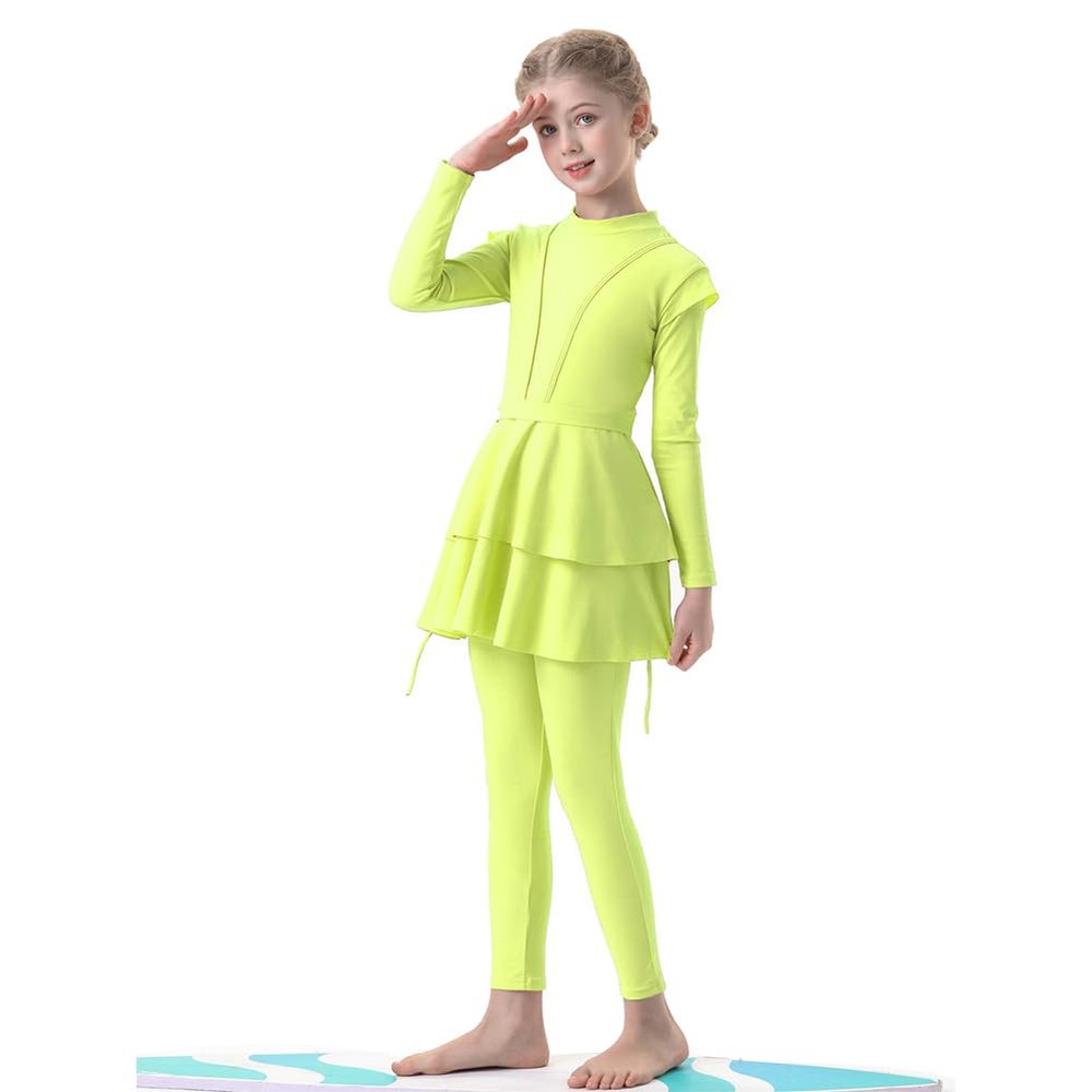 IBAKOM Islamic Modest Swimsuit for Girls Full Body Pleated Skirt Rash Guard Shirt Elastic Legging with Hijab Toddler Muslim Burkini Long Sleeve Three Pieces Bathing Suit Neon Yellow 18-24 Months