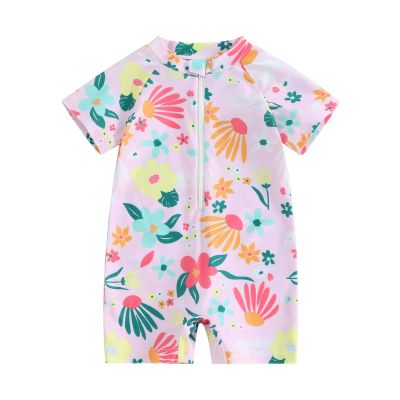 Hnyenmcko Infant Baby Boy Girls Rash Guard Swimsuit Short Sleeve Zipper Bathing Suit Toddler One Piece Swimwear Sunsuit (Floral-Pink, 18-24 Months)