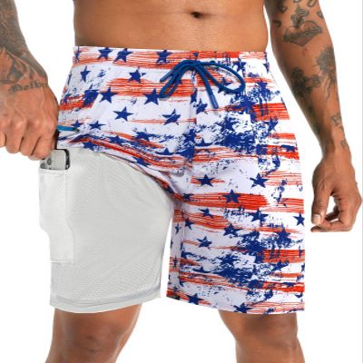 APTRO 2 in 1 Men's Swim Trunks 9" with Zipper Pockets Bathing Suit Built-in Board Shorts Swimwear Long Shorts Flag M