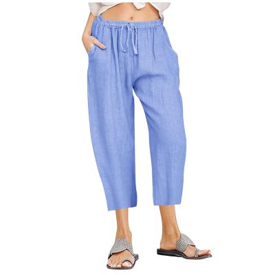 Womens Mid Rise Cargo Pants with Pockets Women's Cotton Linen Floral Printed Pants Casual Elastic Waist Crop Trousers with Pockets Khaki X-Large