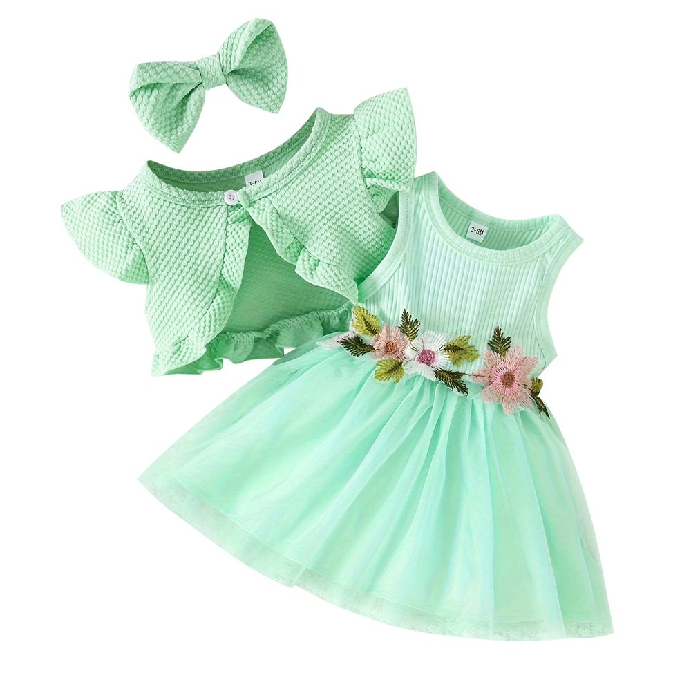 IBTOM CASTLE Toddler Baby Girls Dress and Cardigan Set: Princess Tulle Tutu Dress Floral Flutter Sleeve Knit Shrug Cardigan Short Coat with Headband 3PCS Birthday Photoshoot Clothes Green 6-9 Months
