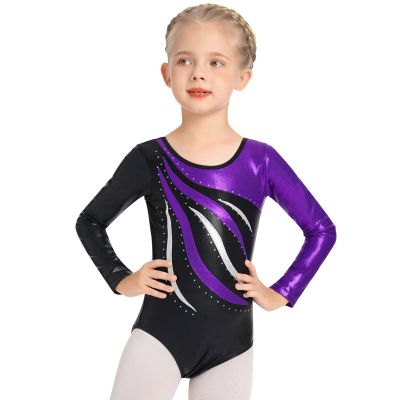 ODASDO Gymnastics Leotards for Girls Long Sleeve Biketards Shiny Metallic Sparkle One-piece Bodysuit Kids Unitard Tumbling Ballet Dance Outfit Teens Dancewear Toddlers Activewear Purple 8-9 Years