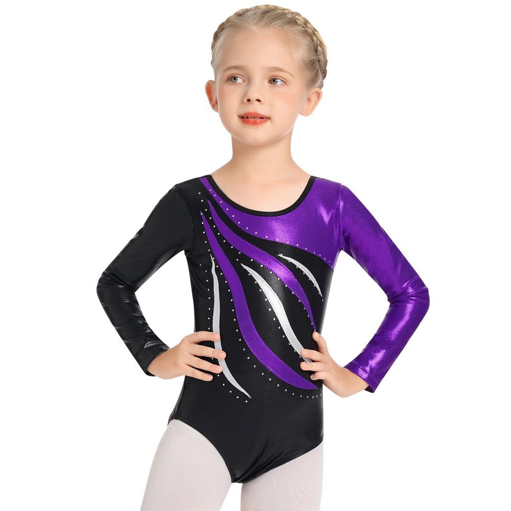 ODASDO Gymnastics Leotards for Girls Long Sleeve Biketards Shiny Metallic Sparkle One-piece Bodysuit Kids Unitard Tumbling Ballet Dance Outfit Teens Dancewear Toddlers Activewear Purple 8-9 Years
