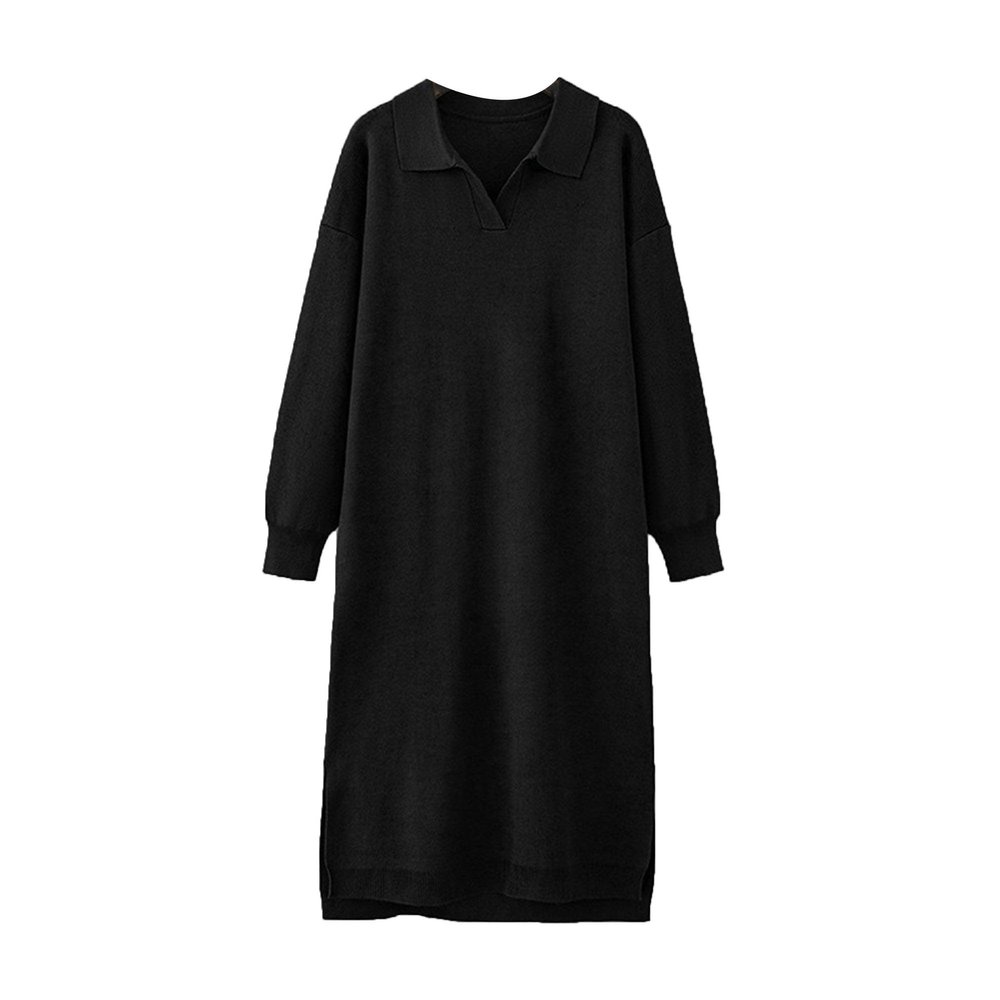 JEKE-DG Women V Neck Slit Dresses Long Sleeve Fall Sweater Dress Casual Knit Sweaters Winter Maxi Dress (Medium,Black)