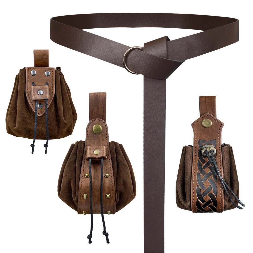 EpicCos 4 PCsMedieval O Ring Belt and Drawstring Pouch Set, Retro Faux Leather Belt Bag Dice Bag Portable Coin Purse For LARP (Brown A)