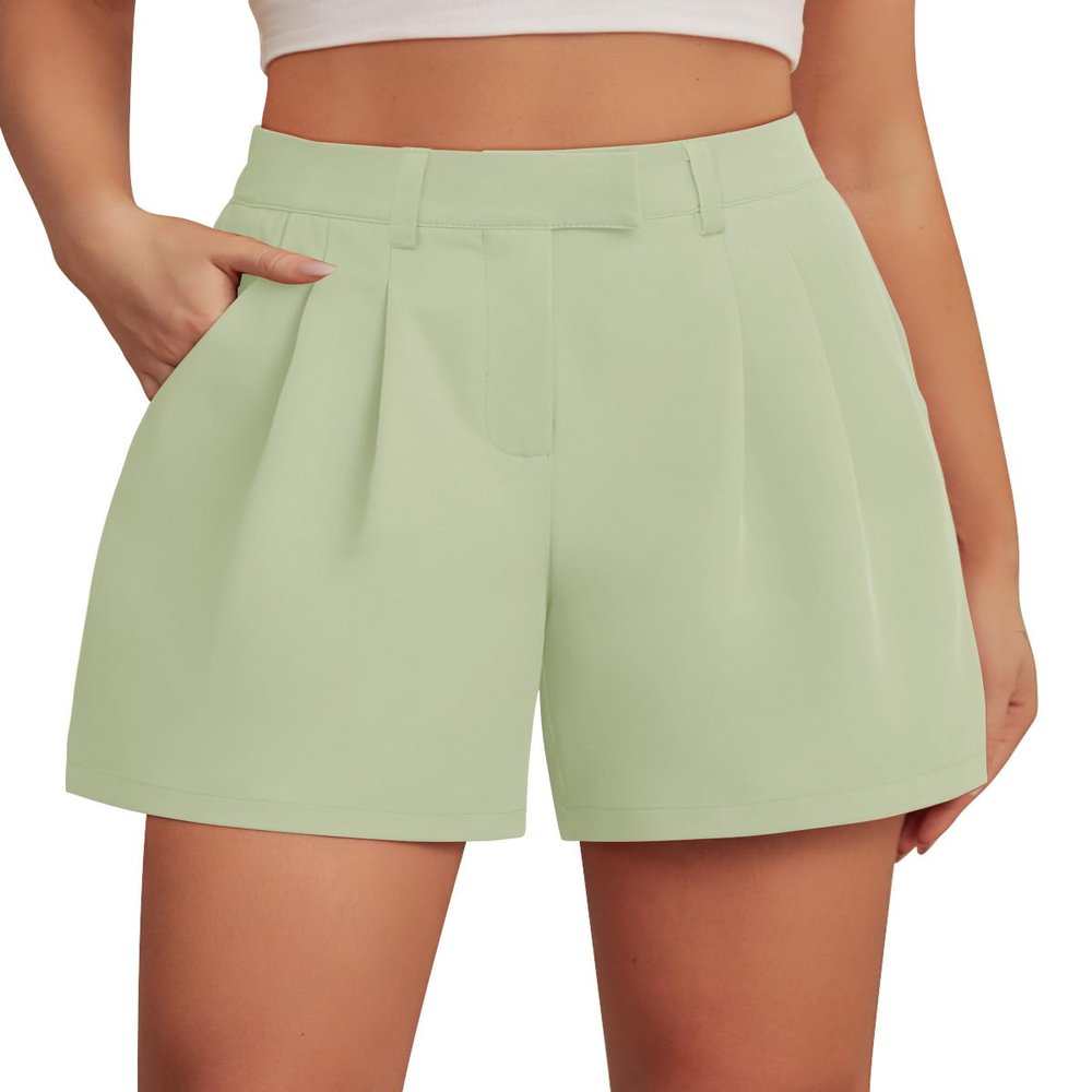 Feiersi Womens Casual Elastic Waist Wide Leg Suit Tailored Shorts Summer Dressy Work Shorts with Pockets(Light Green,Large)