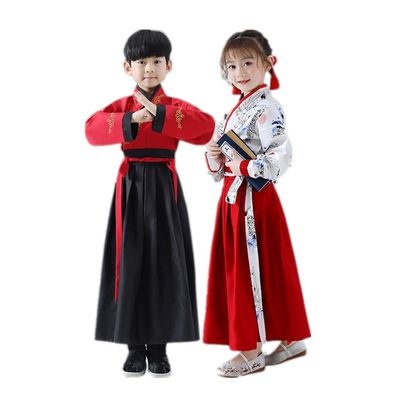 TANZEQI Chinese Traditional Hanfu Dress Suit for Boys and Girls Han Dynasty Ancient Party Dress Traditional Culture Clothing Formal Festival Wear (Red and Black, 150)
