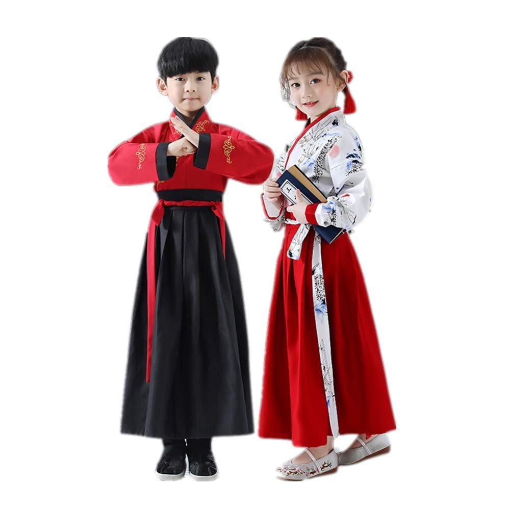 TANZEQI Chinese Traditional Hanfu Dress Suit for Boys and Girls Han Dynasty Ancient Party Dress Traditional Culture Clothing Formal Festival Wear (Red and Black, 150)