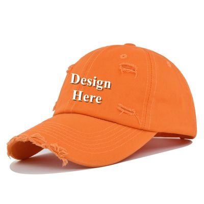 Unisex Distressed Rip Torn Washed Cotton Custom Baseball Cap Adjustable (Print, Orange)