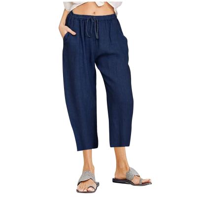 Womens Cargo Pants Mid Rise Dressy Women's Cotton Linen Pants for Summer Elastic Waist Casual Wide Leg Beach Trousers with Pockets Khaki X-Large