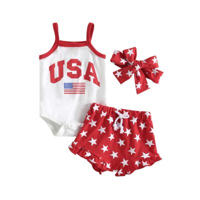 ZINTAOZT Baby Girl 4th of July Outfit Strap Sleeveless Stars Striped Flag Tank Top Romper Shorts Headband 3Pcs Patriotic Set (A Red, 3-6 Months)