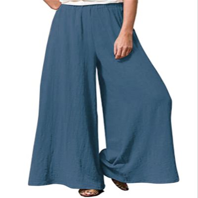 Hisanny Womens Plus Size Linen Pants Wide Leg Palazzo Trousers High Elastic Waist Flowy Culottes with Pockets Deep Blue Large