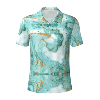 Turquoise Gold Marble Print Mens Polo Shirts Suitable for Casual & Formal Occasions