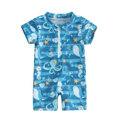 Hnyenmcko Infant Baby Boy Girls Rash Guard Swimsuit Short Sleeve Zipper Bathing Suit Toddler One Piece Swimwear Sunsuit (G-Dark Blue, 6-12 Months)