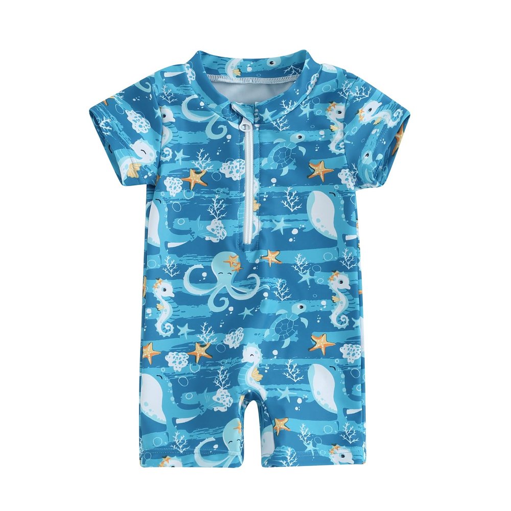Hnyenmcko Infant Baby Boy Girls Rash Guard Swimsuit Short Sleeve Zipper Bathing Suit Toddler One Piece Swimwear Sunsuit (G-Dark Blue, 6-12 Months)