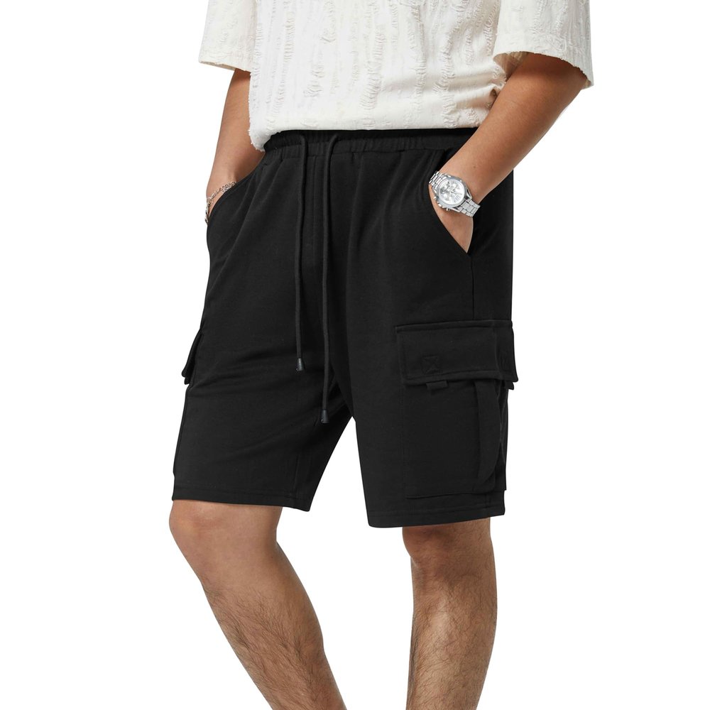 3rd hill Mens Casual Sweat Cargo Cotton Shorts Drawstring Elastic Waist Athletic Workout Gym Jogger Shorts with 5 Pockets Black