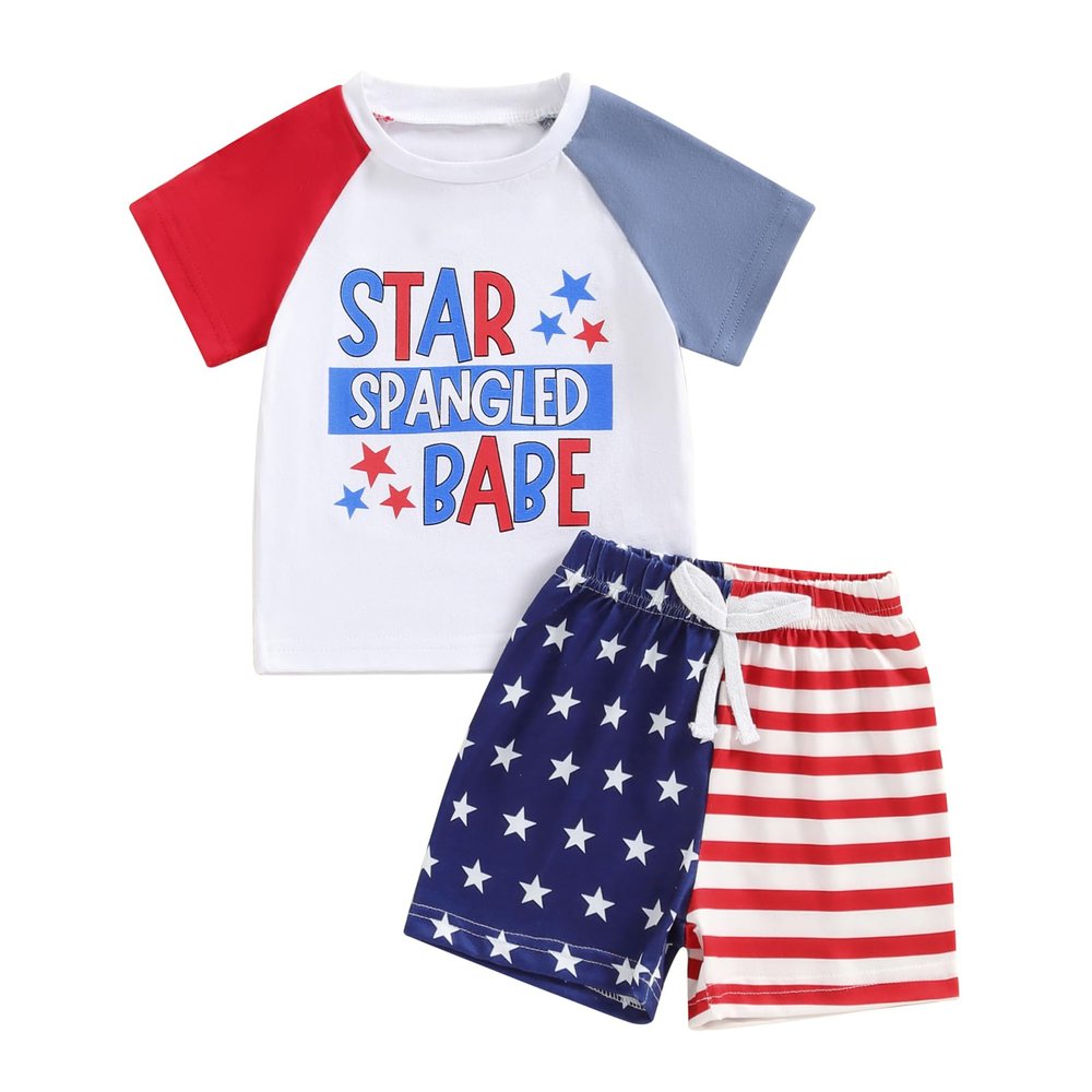 BeQeuewll Baby Boy 4th of July Outfit Toddler Babe Dude Shirt Star Stripe Flag Shorts Boys Patriotic Outfit Summer Clothing (star spangled babe, 0-6 Months)