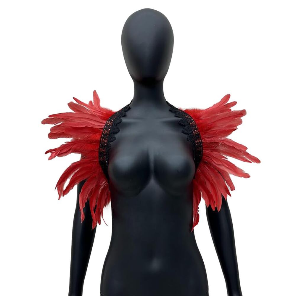 ihreesy Women's Feather Stole Shawl,Natural Feather Shawl Gothic Feather Shrug Cape Shawls Feather Cape for Halloween Costume Cosplay,Pure Red