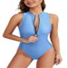 SHEKINI Women's Sporty One Piece Bathing Suits High Neck Rash Guard Leotards Zipper SwimsuitLight BlueMedium view 1