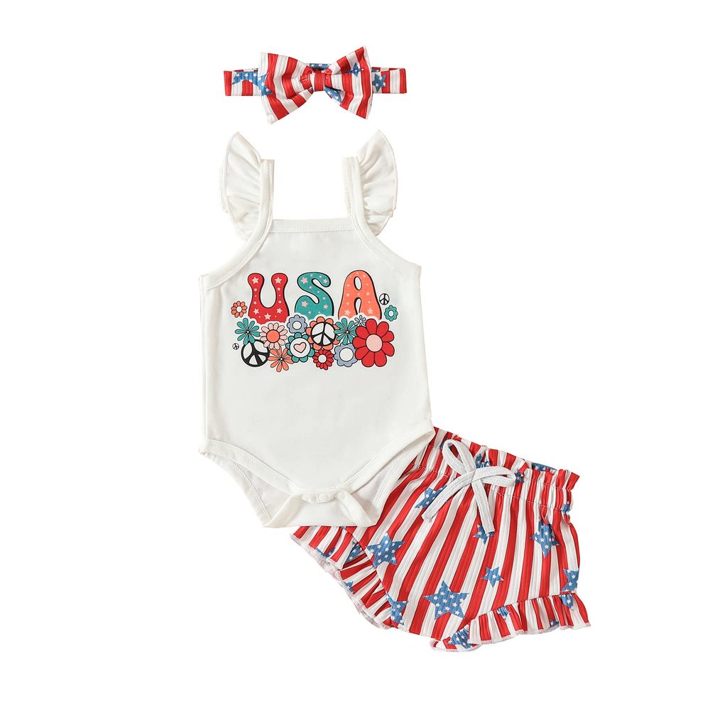 ZINTAOZT Baby Girl 4th of July Outfit Strap Sleeveless Stars Striped Flag Tank Top Romper Shorts Headband 3Pcs Patriotic Set (G Red, 6-9 Months)