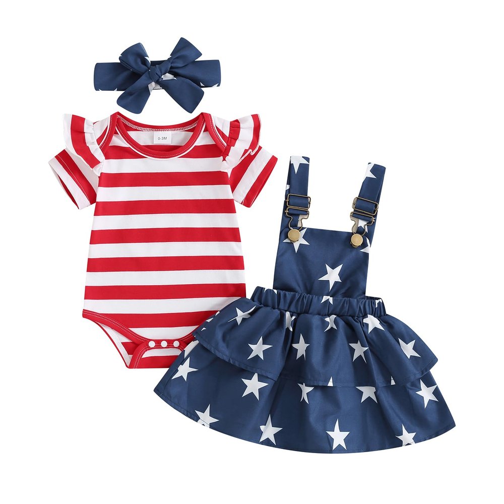 Adobabirl Fourth/4th of July Baby Girl Outfit Newborn Short Sleeve Romper Shirt American Flag Suspender Skirt Clothing Set(4th of July Dress-Blue,0-3 Months)