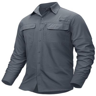 TACVASEN Fishing Shirts for Men Long Sleeve Button Down Shirts UV SPF UPF 50+ Sun Shirts Quick Dry Cooling Hiking Light Work Zipper Pockets Shirts Darkgrey S