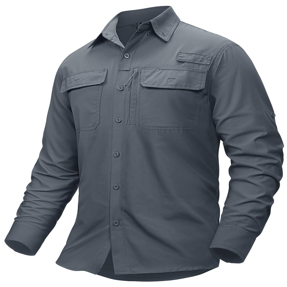 TACVASEN Fishing Shirts for Men Long Sleeve Button Down Shirts UV SPF UPF 50+ Sun Shirts Quick Dry Cooling Hiking Light Work Zipper Pockets Shirts Darkgrey S
