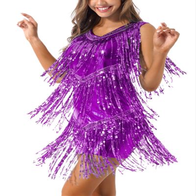 Miutii Women Sequins Shiny Samba Rumba Latin Dance Dress Tassels Fringe Wrap Dress Cocktail Party Dress Purple A Medium