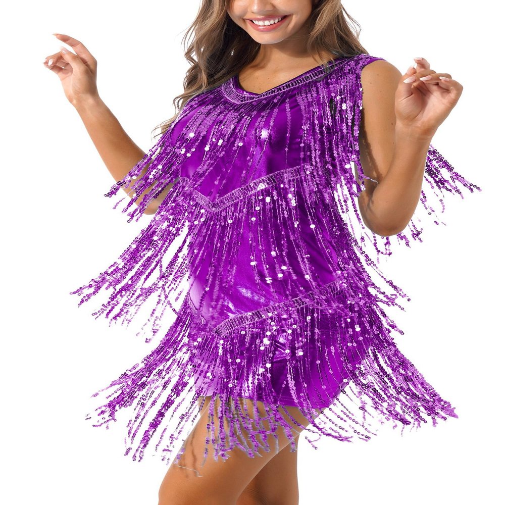 Miutii Women Sequins Shiny Samba Rumba Latin Dance Dress Tassels Fringe Wrap Dress Cocktail Party Dress Purple A Medium