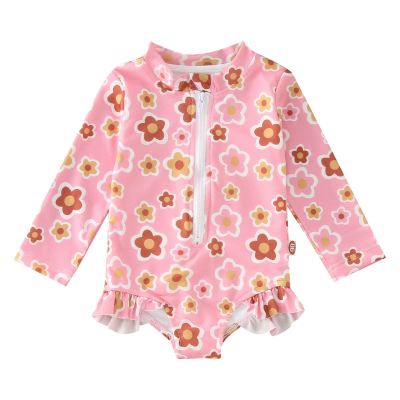 KAGAYD Girls 1 Pcs Flower Rash Guard Swimwear Kids Long Sleeve Zipper Swimsuit Summer Beach Bathing (Pink, 12-18 Months)