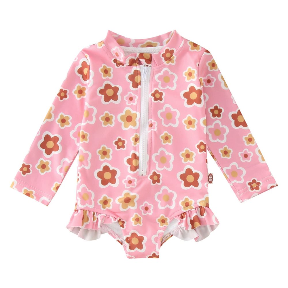 KAGAYD Girls 1 Pcs Flower Rash Guard Swimwear Kids Long Sleeve Zipper Swimsuit Summer Beach Bathing (Pink, 12-18 Months)