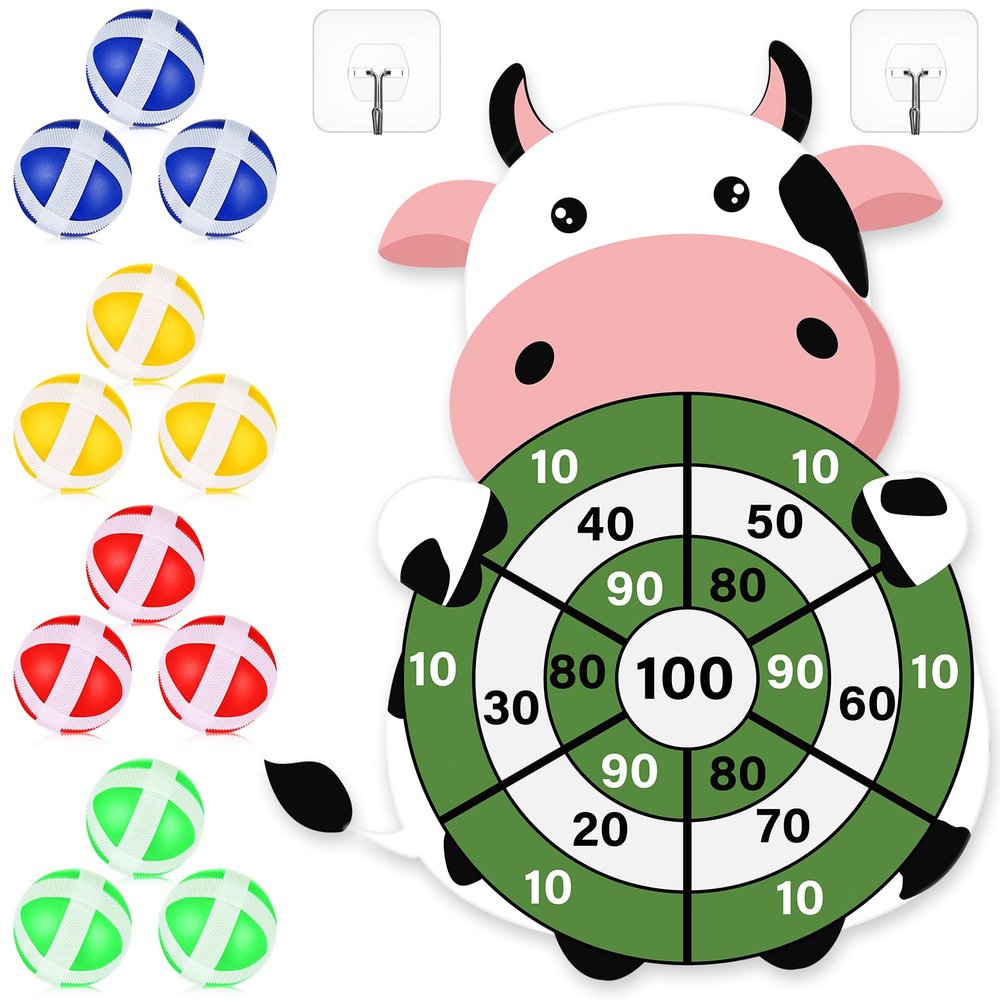 HyDren Cow Dart Party Game Farm Dart Party Favors 31x24 Cow Dart Board with 12 Sticky Balls Toys Farm Game Party Decorations Animal Birthday Party Gift for Indoor Outdoor Game