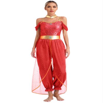 winying Women Arabian Prince Costume Adult Sequins Belly Dance Leotard Jumpsuit Halloween Carnival Party Red Medium